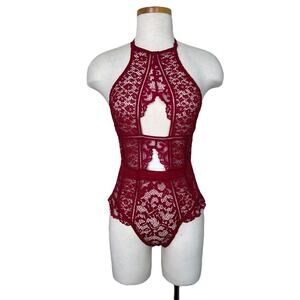 Victoria's Secret Cheeky Cutout Lace Sheer Halter Lingerie Bodysuit Red M Medium